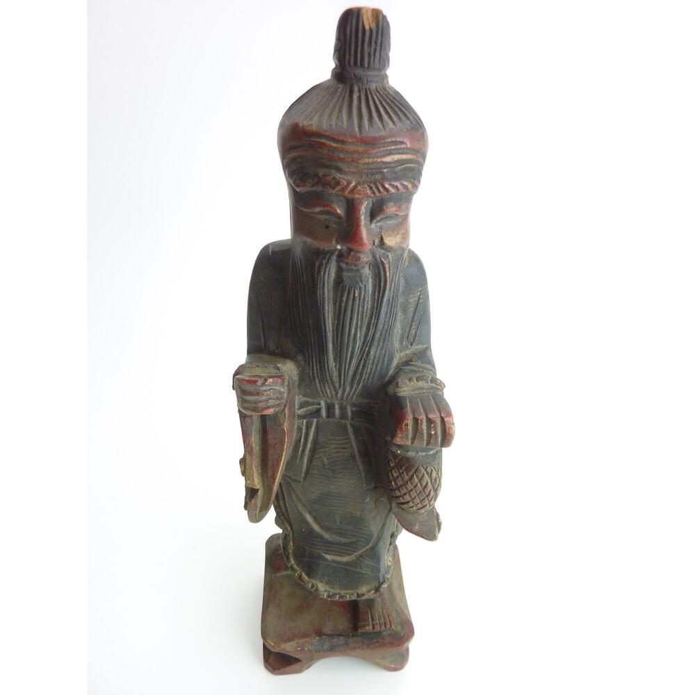 Vintage Chinese Shou Lao Fish Carved Wood Figures Statue Longevity